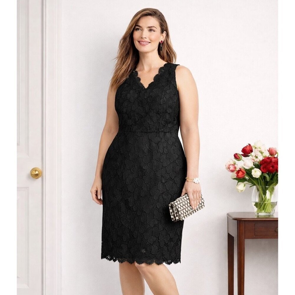 Talbots RSVP Womens Dress Sz 16 Black Butterfly Scalloped Lace Sheath Preppy LBD